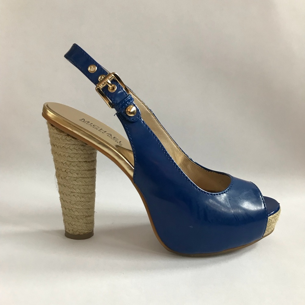 Michael Kors blue patent leather open toe heel
